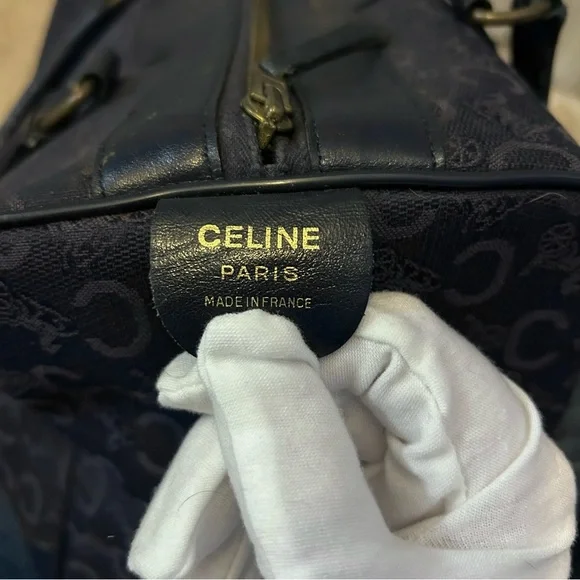 CELINE Authentic Vintage C Macadam Navy Blue Canvas Leather Trim Boston Bag Tote - Picture 8 of 17